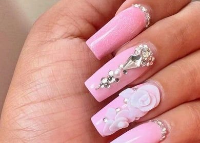 Elegant pink nail art with rhinestones at Harmony Nail & Beauty Studio East Point Shopping Centre, Boksburg, Gauteng, ZA.