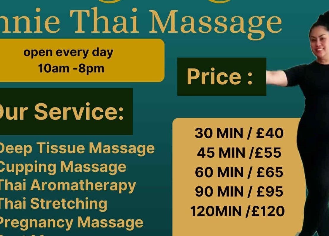 Services and pricing at Annie Thai Massage in Egham, England, GB with a cheerful staff member.