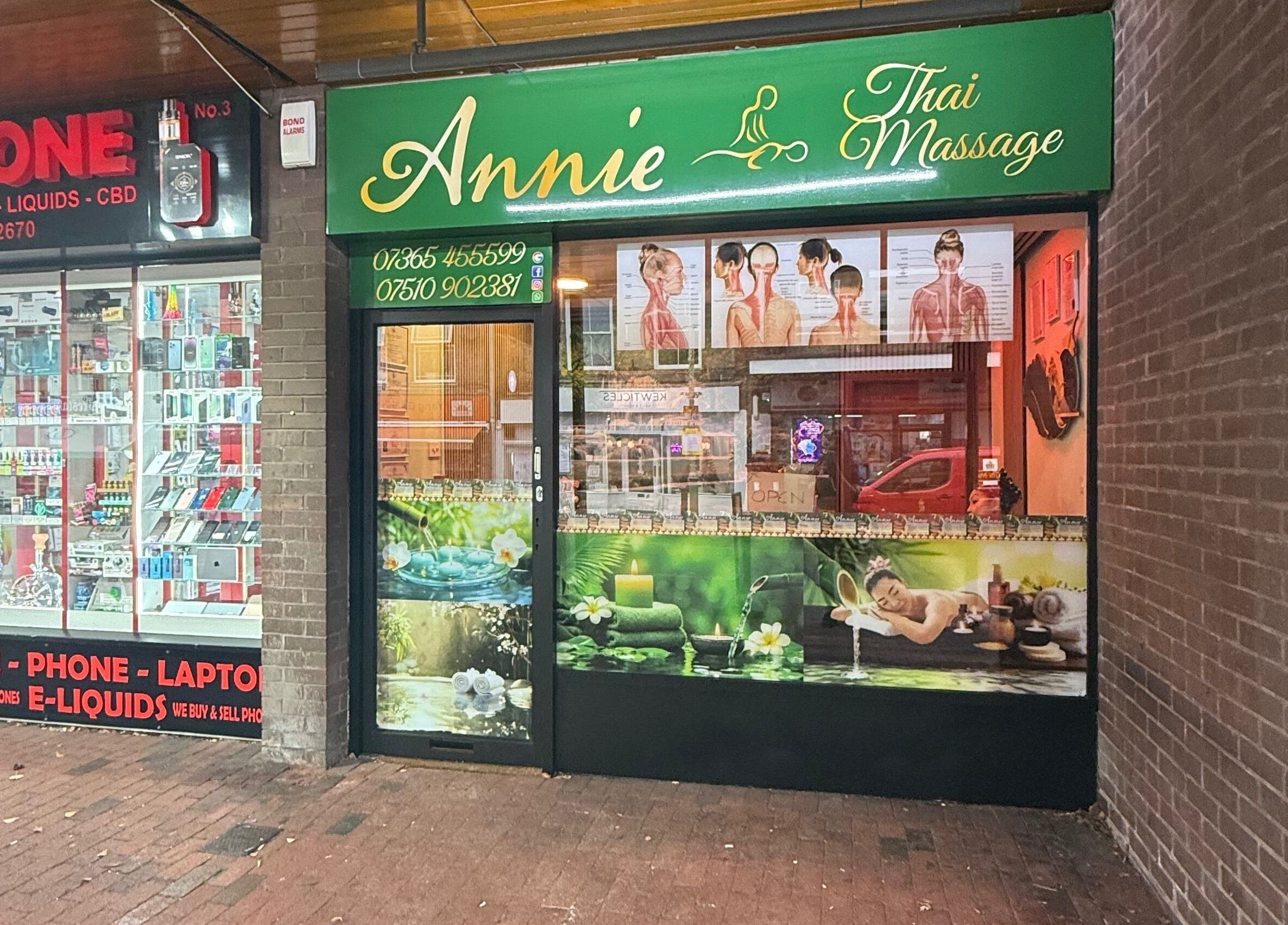 Exterior view of Annie Thai Massage in Egham, England, GB showcasing relaxing imagery.