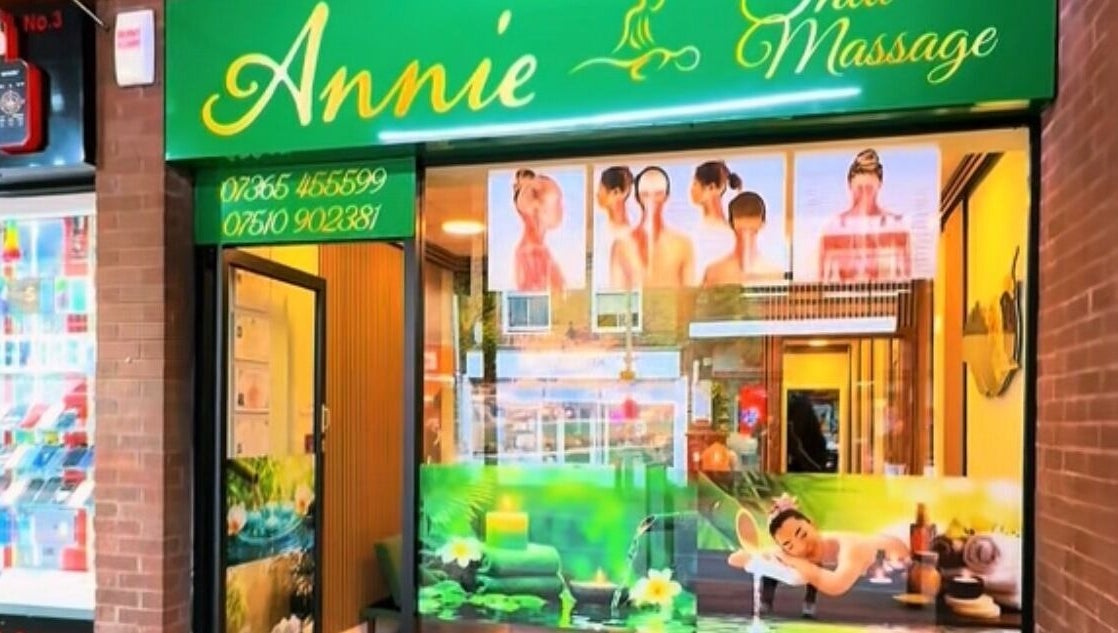 Exterior of Annie Thai Massage in Egham, England, GB with inviting window display.