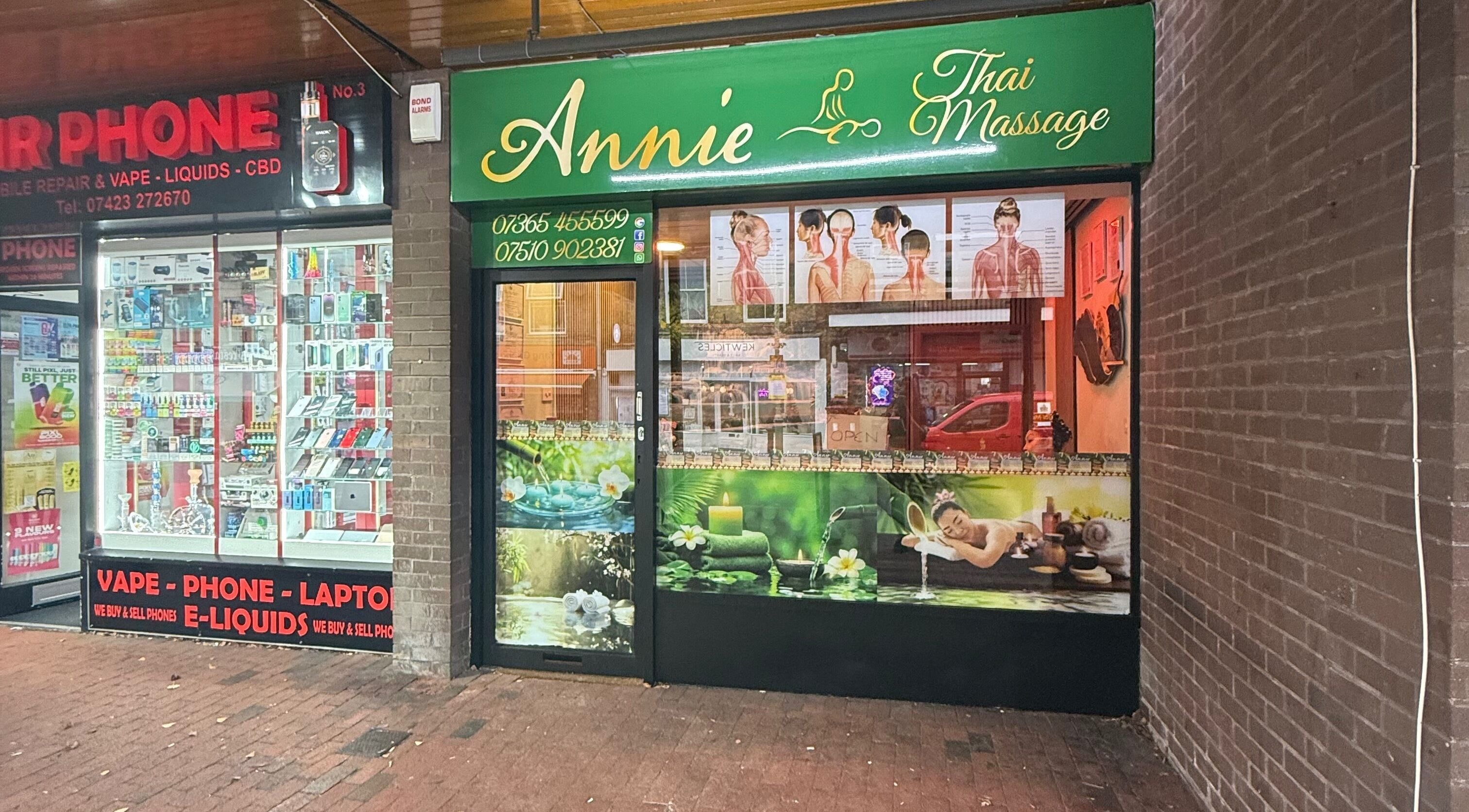 Front entrance of Annie Thai Massage in Egham, England, GB, showcasing vibrant signage and inviting decor.