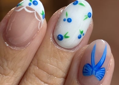 Close-up of floral inspired nail art at Anaya & CO., Saint James, Missouri, US.