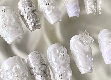 Detailed floral and pearl nail art from Kapiti Nails, Raumati Beach, Wellington Region, NZ.