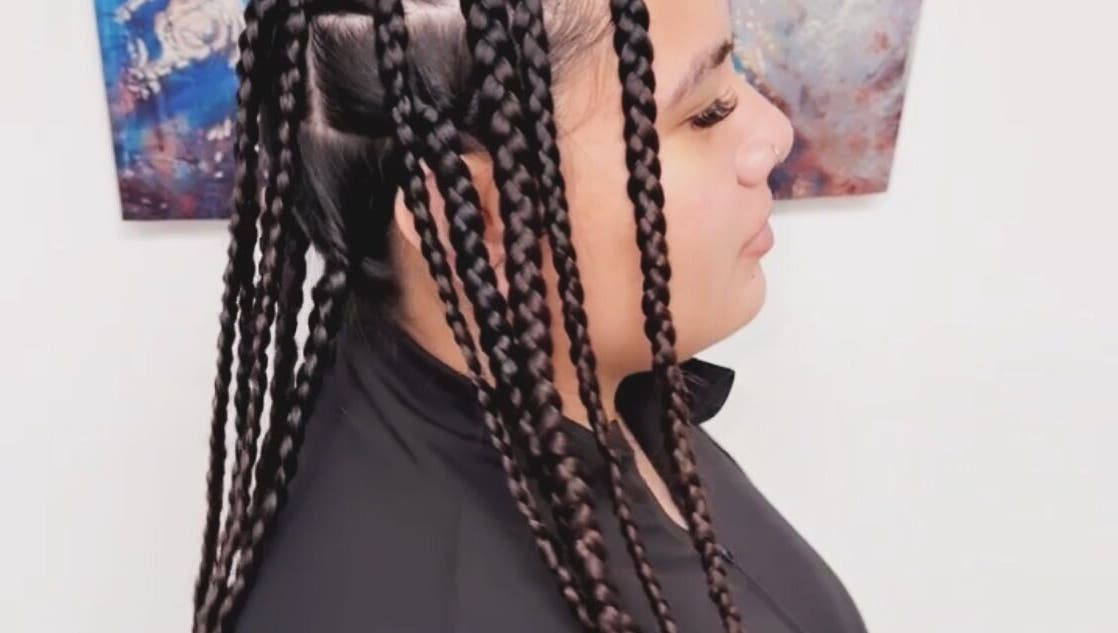 Intricate braided hairstyle at Braidz By Annaa, Denham Court, New South Wales, AU. Stunning side profile view.