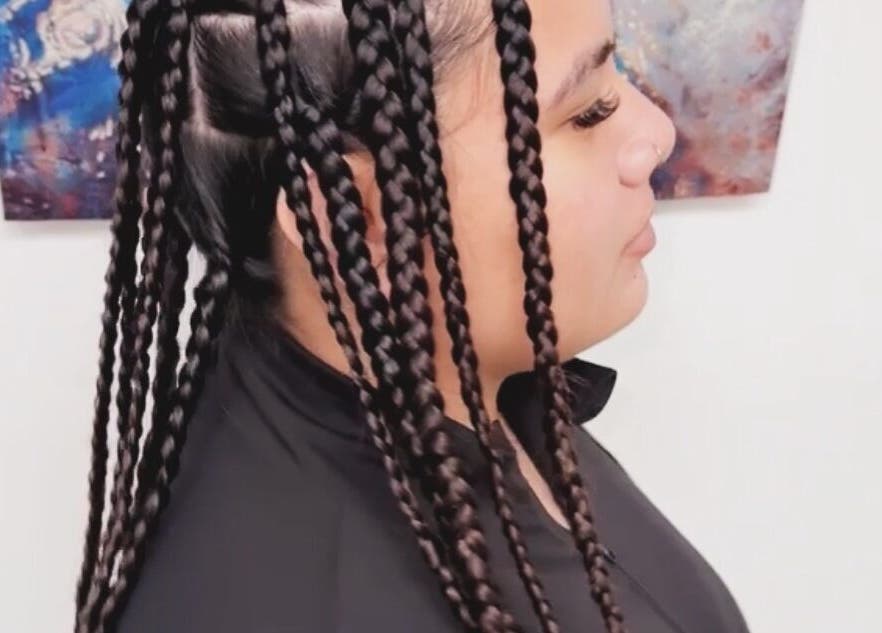 Intricate braided hairstyle at Braidz By Annaa, Denham Court, New South Wales, AU. Stunning side profile view.