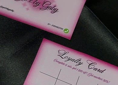 Gelxbygaby loyalty card with pink design in Marangaroo, Western Australia, AU on black background.