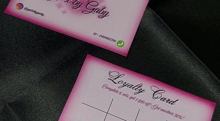 Gelxbygaby loyalty card with pink design in Marangaroo, Western Australia, AU on black background.