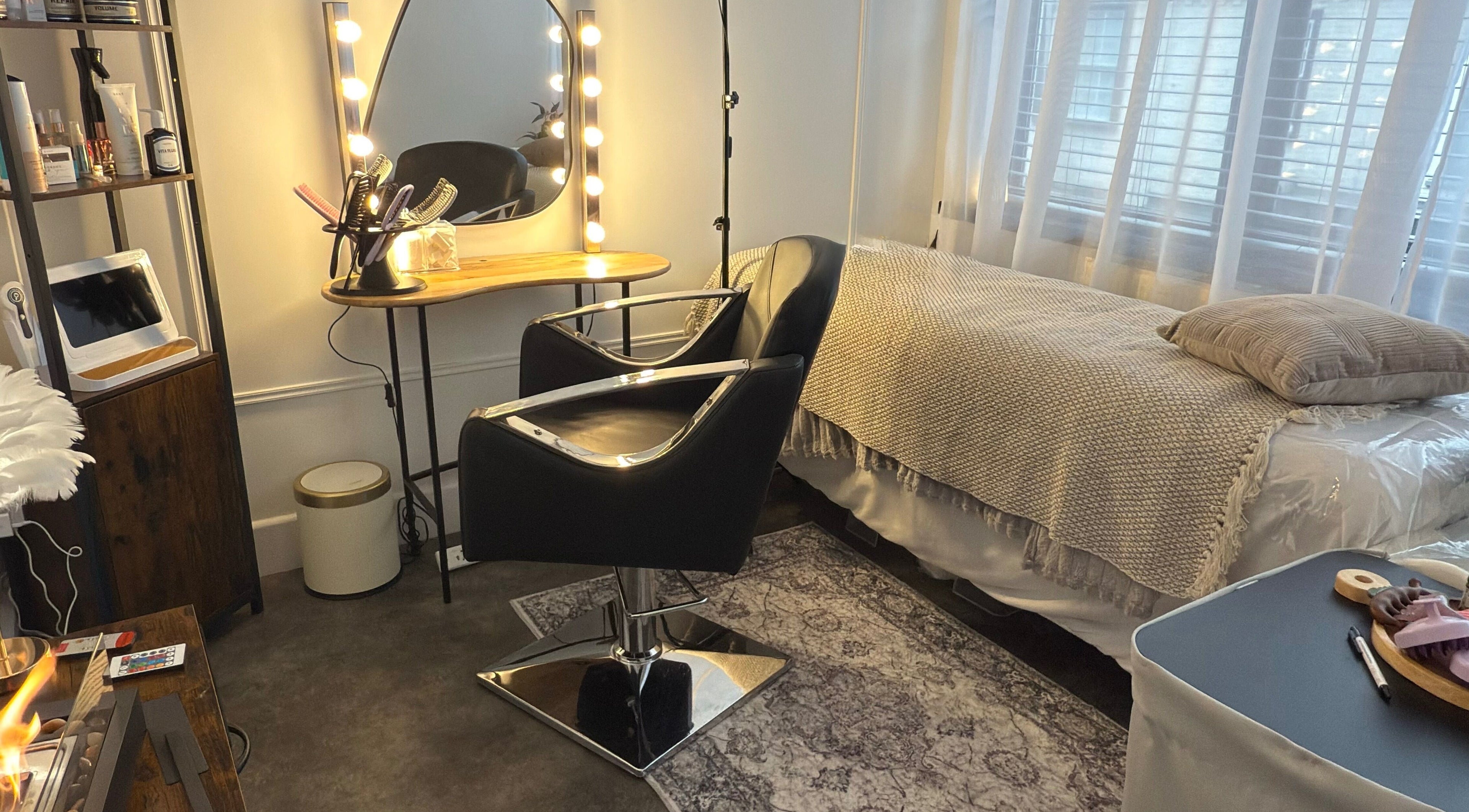 The Head Spa Bar | Luxury Hair Extensions, Chichester, England, GB: intimate styling chair and plush bed setup.