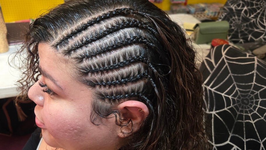 Close-up of intricate braids at Sach Hair Braiding, Houston, TX, US showcasing expert styling.