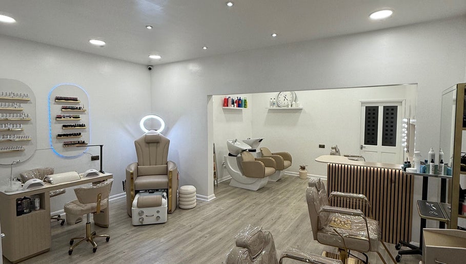 Modern interior of Diva’s Beauty Studio, Hull, England, GB, featuring chic salon chairs and clean design.