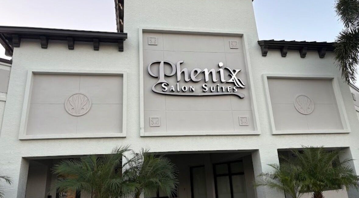 Entrance of Two Chairs Salon in Boca Raton, Florida, US with modern exterior design.