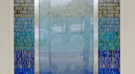 Colorful glass mosaic at Two Chairs Salon in Boca Raton, Florida, US.