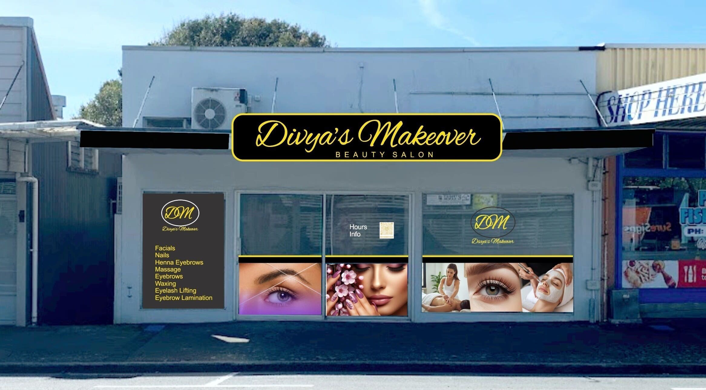 Front view of Divya’s Makeover, beauty salon in New Plymouth, Taranaki Region, NZ showcasing services and branding.