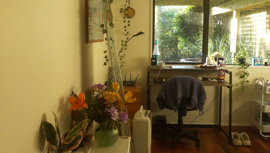 Tranquil workspace with plants at llashionista, Wellington, Wellington Region, NZ.