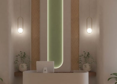 Elegant reception at Elixira Ladies Beauty Lounge, Abu Dhabi, AE, featuring modern lighting and minimalist decor.