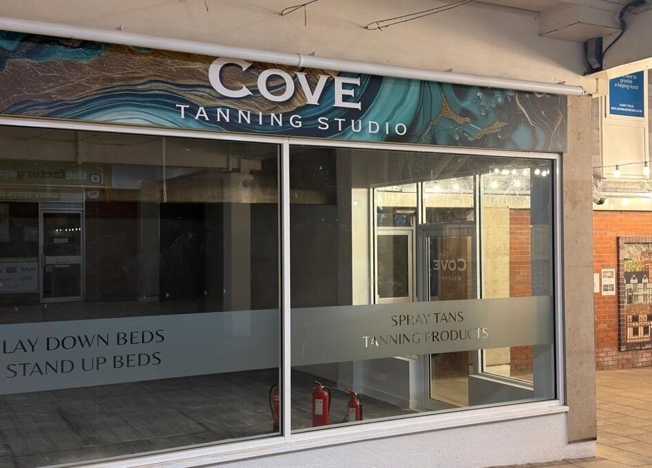 Front exterior of Cove Tanning Studio in Droitwich Spa, England, GB showcasing its inviting entrance.