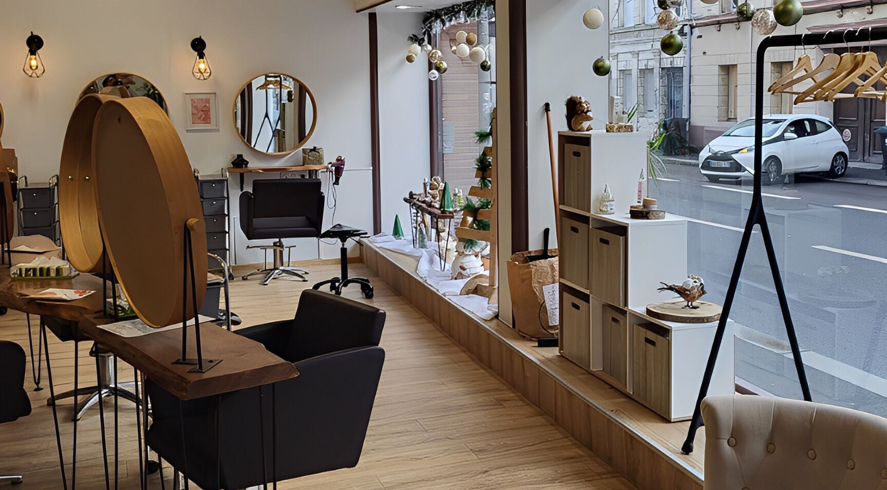 Salon lumineux de Biocoiff Rouen, décoration naturelle et mobilier élégant à Rouen, Normandie, FR.