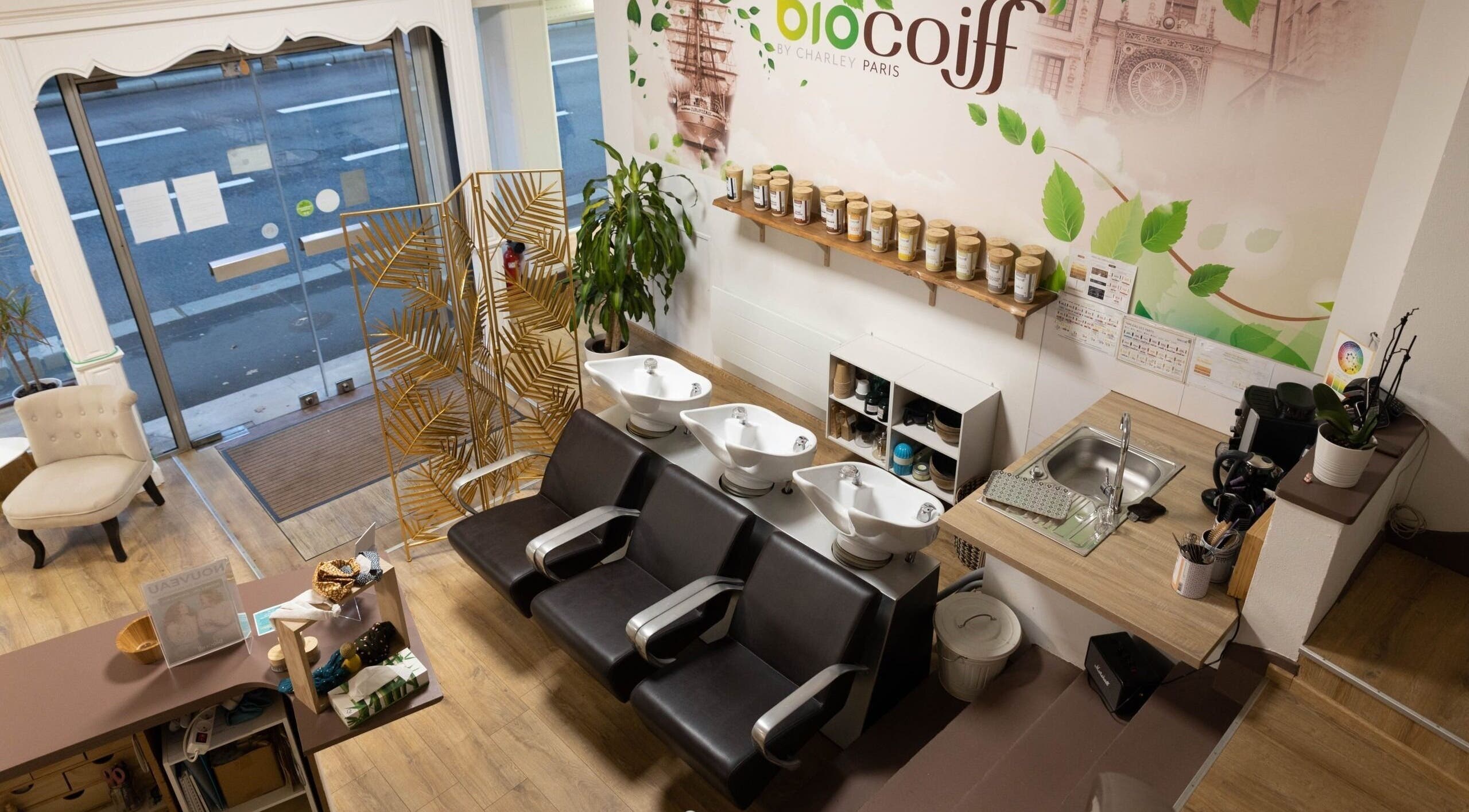 Intérieur moderne de Biocoiff Rouen avec bacs de lavage élégants à Rouen, Normandie, FR.