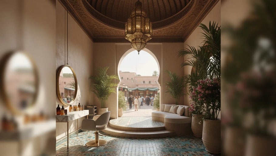 Fitrah Men Center in Marrakech showcases luxurious decor with an open archway and lush plants.