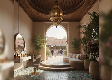 Fitrah Men Center in Marrakech showcases luxurious decor with an open archway and lush plants.