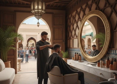 Inside Fitrah Men Center, Marrakech, where a barber styles a client's hair in a sophisticated setting.