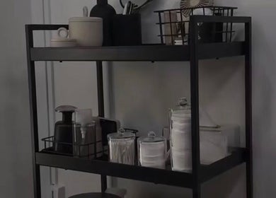 Beauty essentials neatly arranged on a shelf at Ré-luxe Beauty, Mitcham, England, GB.