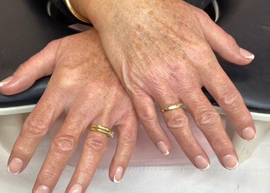Freshly manicured hands on display at Arch Design Beauty, Tamworth, England, GB.
