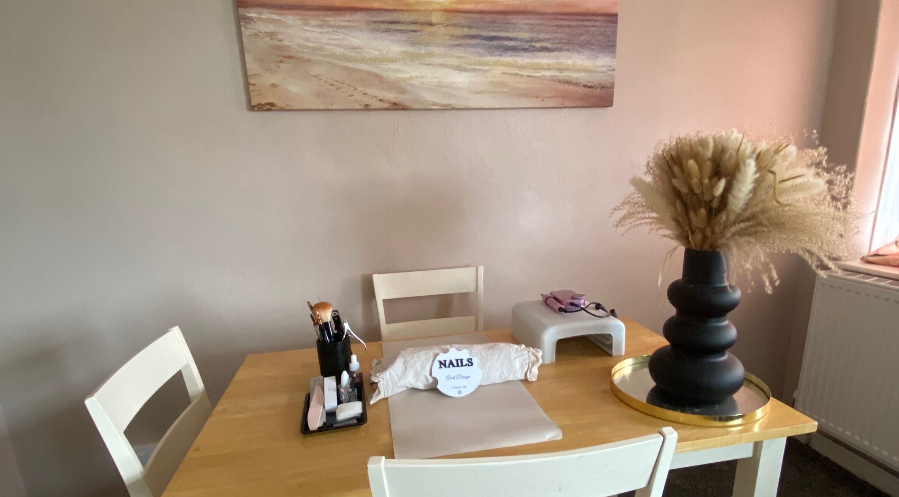Stylish nail station setup at Arch Design Beauty, Tamworth, England, GB with tools and elegant decor.