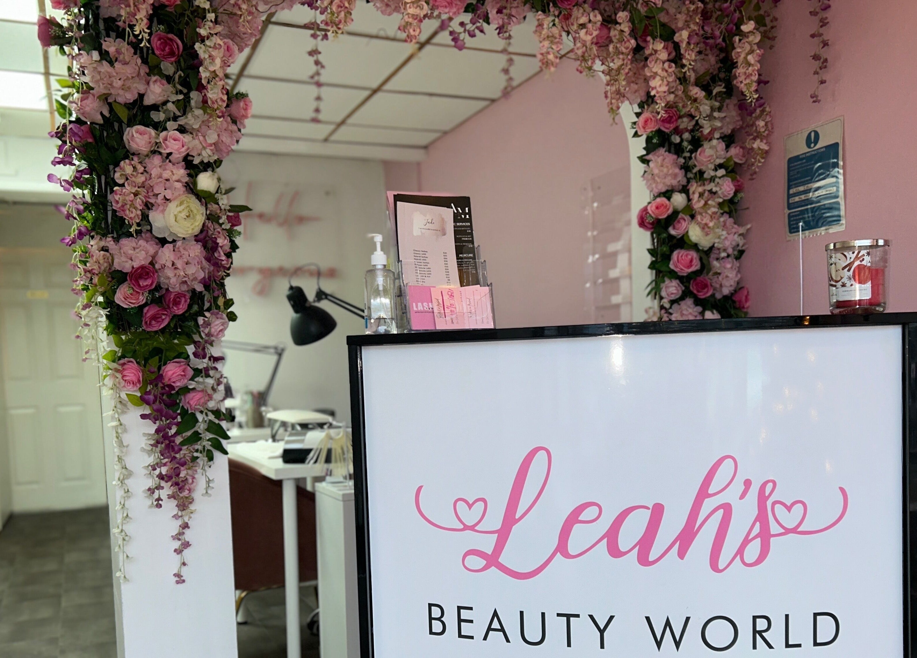Lashandblowbarx reception area with floral decorations in Widnes, England, GB.