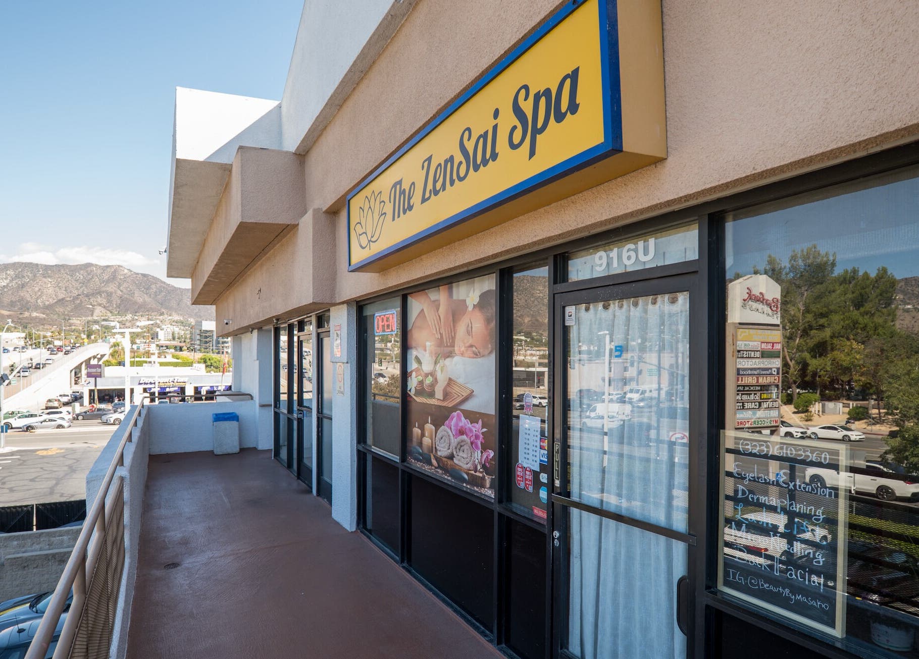 Exterior of The ZenSai Spa in Burbank, California, US, showcasing its welcoming entrance and scenic mountain view.