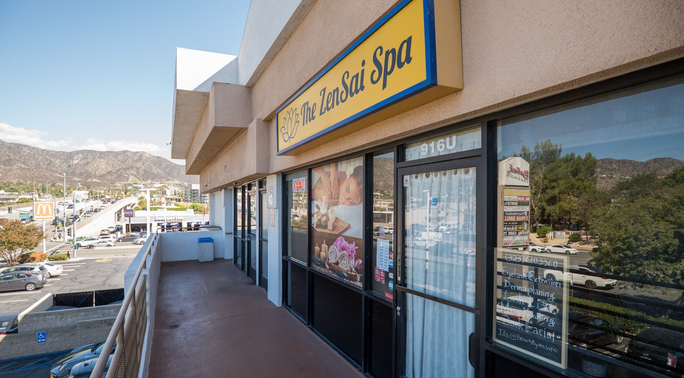 Exterior of The ZenSai Spa in Burbank, California, US, showcasing its welcoming entrance and scenic mountain view.