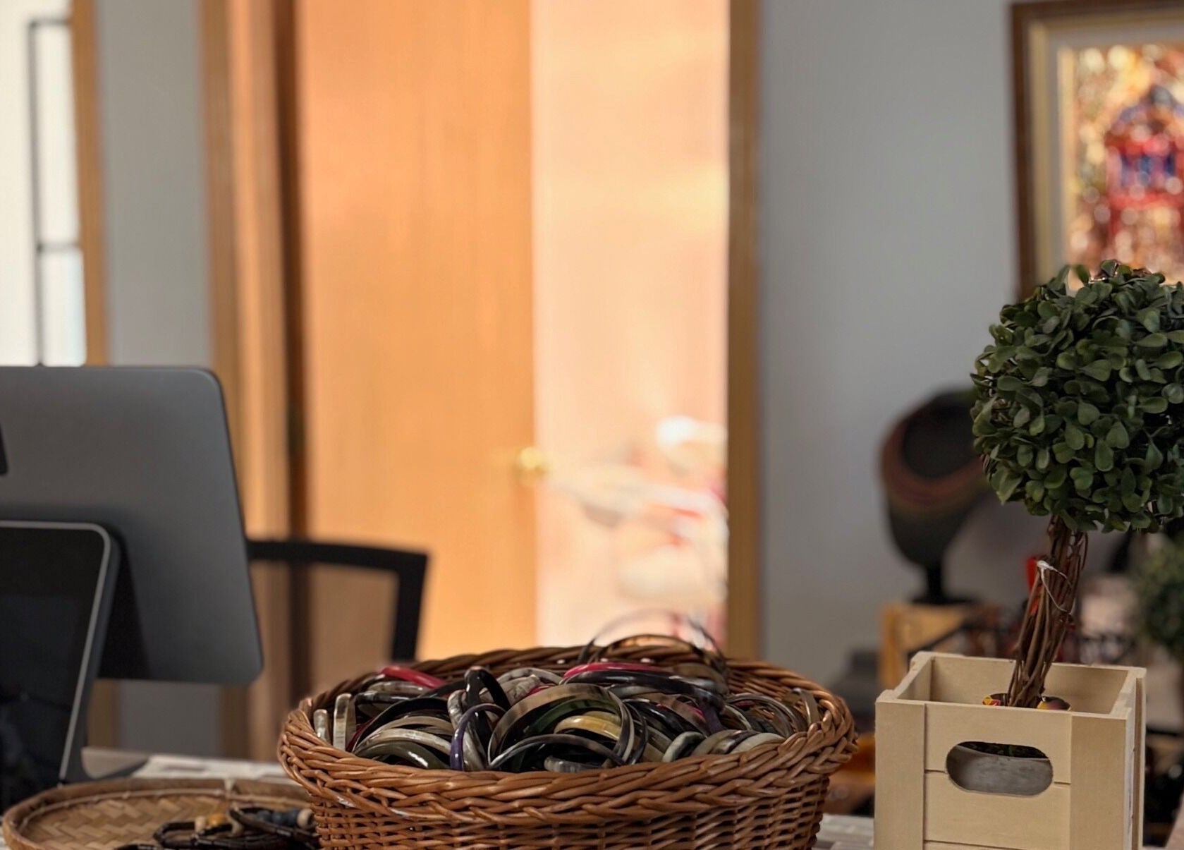 Reception decor at FADIV salon de coiffure, Laval, Québec, CA with stylish baskets and potted plant.