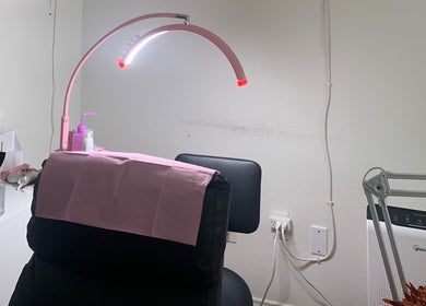 Lash salon station at Lashes by Prizila in Leander, Texas, US, featuring a comfortable chair and lighting.
