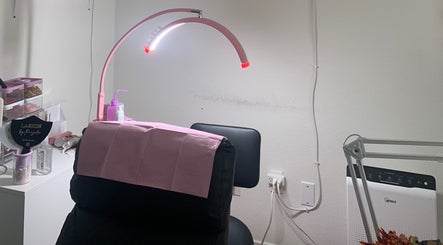 Lash salon station at Lashes by Prizila in Leander, Texas, US, featuring a comfortable chair and lighting.