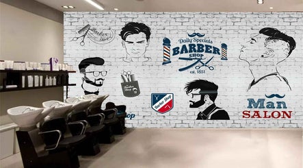 Barber shop interior with artistic wall art in gym, Hyderabad, Telangana, IN.