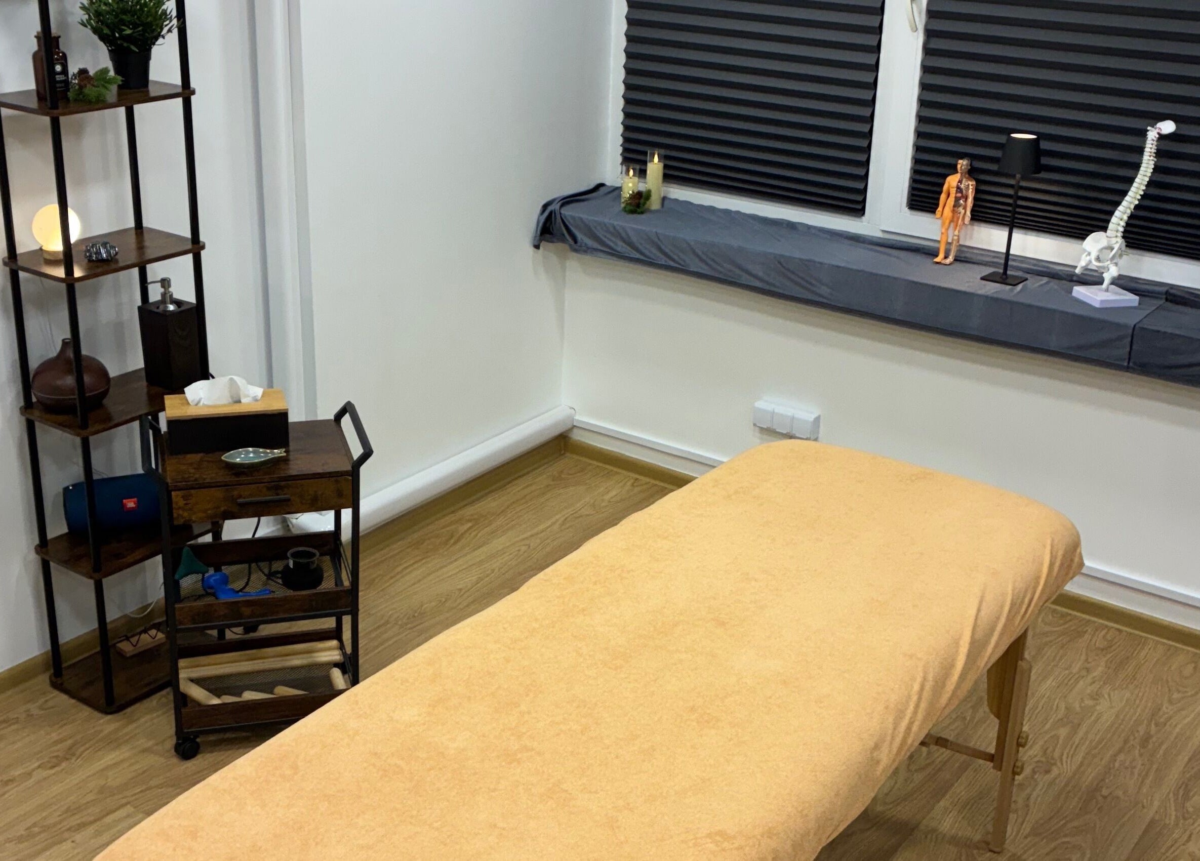 Cozy massage room at DoMasazas, Kaunas, Kauno Apskritis, LT with a wooden shelf and massage bed.