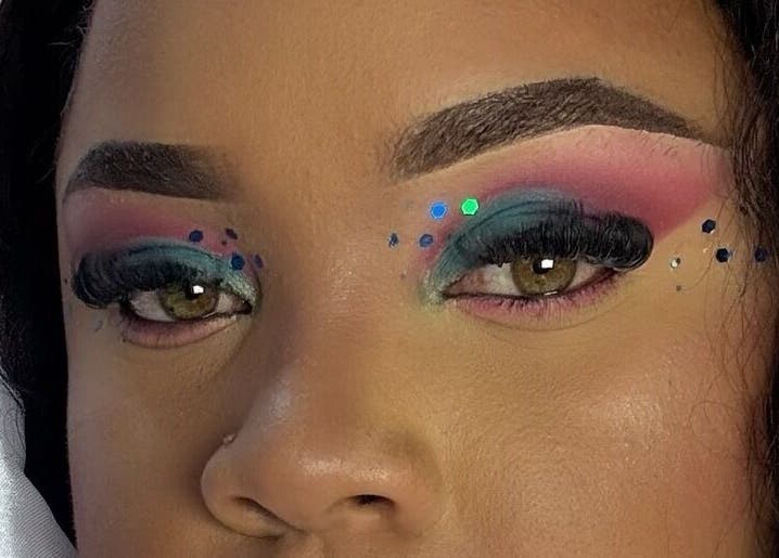 Vibrant eye makeup with gems at Beautify By Omie, Willemstad, Curaçao, CW.