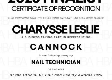 2025 finalist certificate for Efie Beauty & Aesthetics, Cannock, England, GB, representing nail technician.