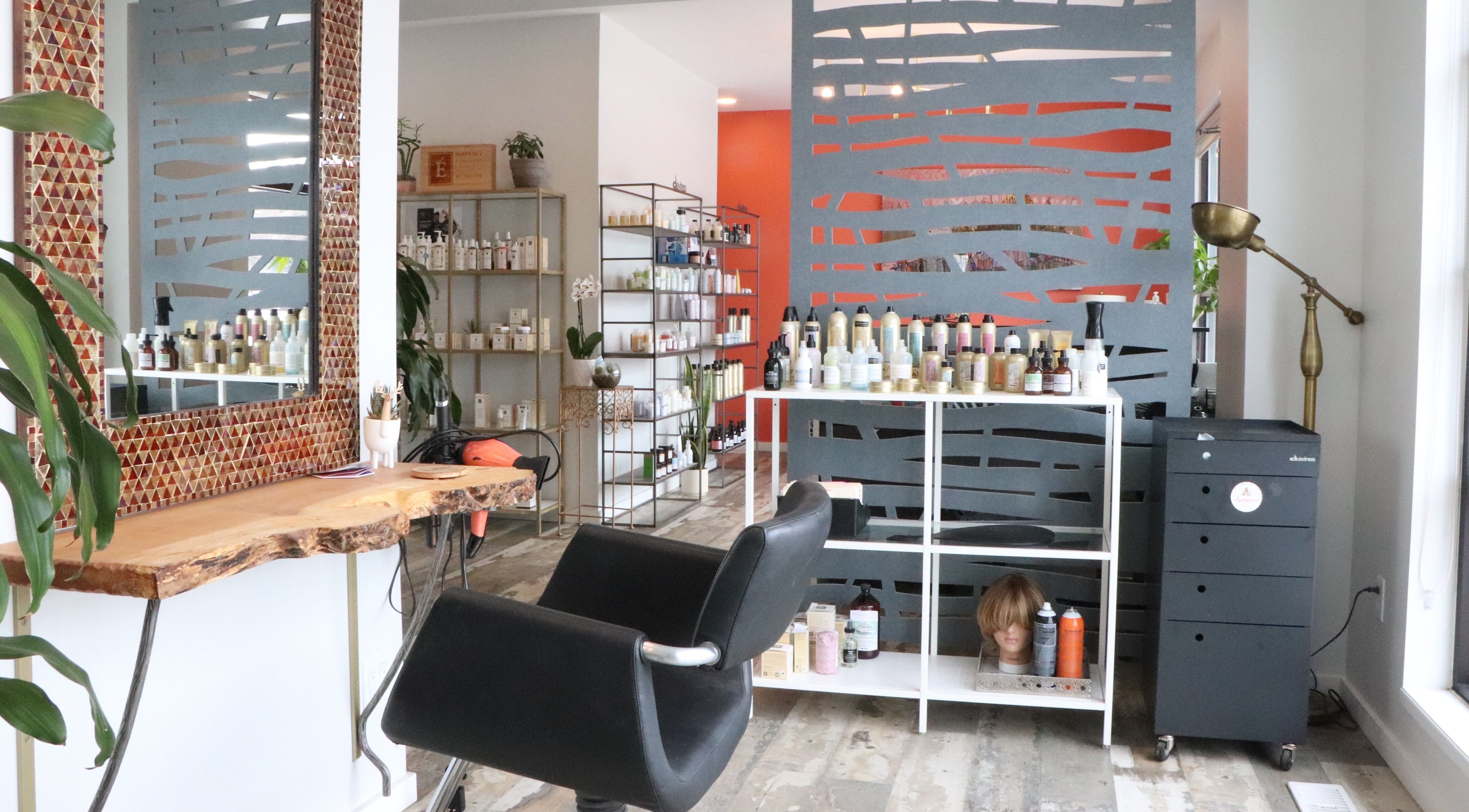Modern interior of Casablanca Eco Salon in Burlington, Ontario, CA with stylish decor and hair products displayed.