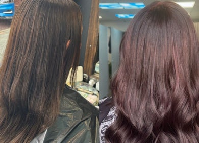 Before and after hair transformation at Hair by Jodie at Efie, Cannock, England, GB showcasing sleek locks.