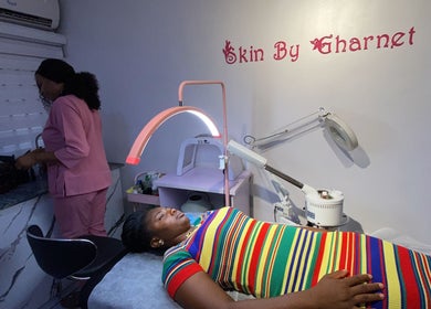Client relaxing during skincare treatment at SkinByGharnet in Lagos, Lagos, NG.