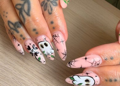 Unique nail art design with ghost and web patterns at AdoreByChlo in Rugby, England, GB.