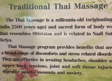 Informational sign about Thai Style Massage benefits in San Diego, California, US.
