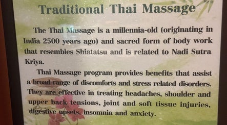 Informational sign about Thai Style Massage benefits in San Diego, California, US.