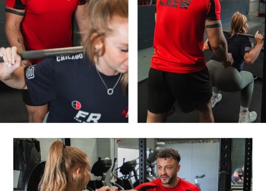 Personal training session at MK Coaching, Halfway, England. A woman performing squats with instructor guidance.