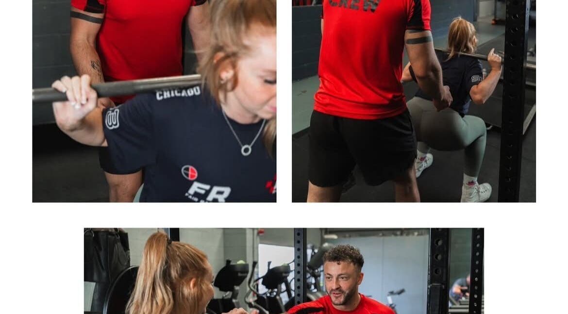 Personal training session at MK Coaching, Halfway, England. A woman performing squats with instructor guidance.