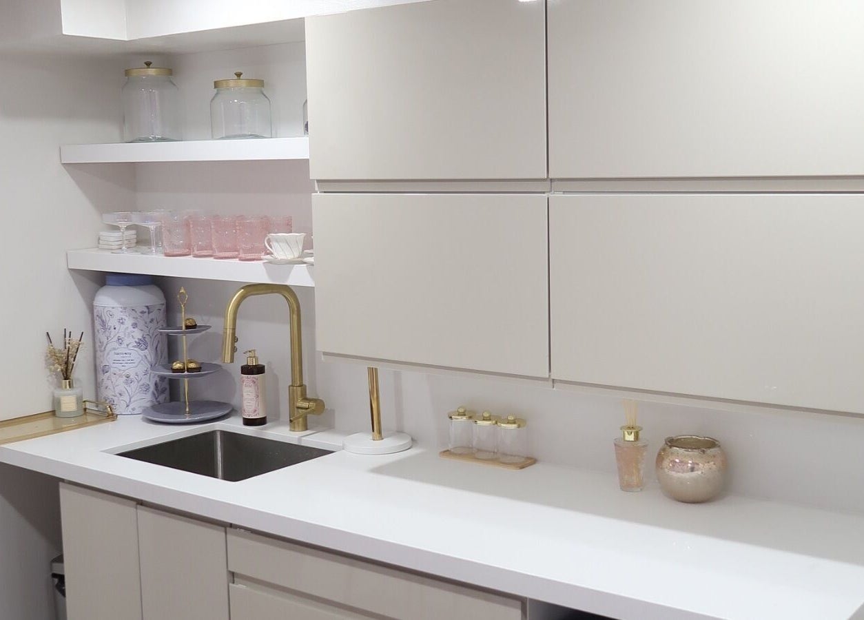Chic countertop at Maison Belissy Beauty Salon x Nail Salon, Toronto, Ontario, CA, with elegant decor and sink.