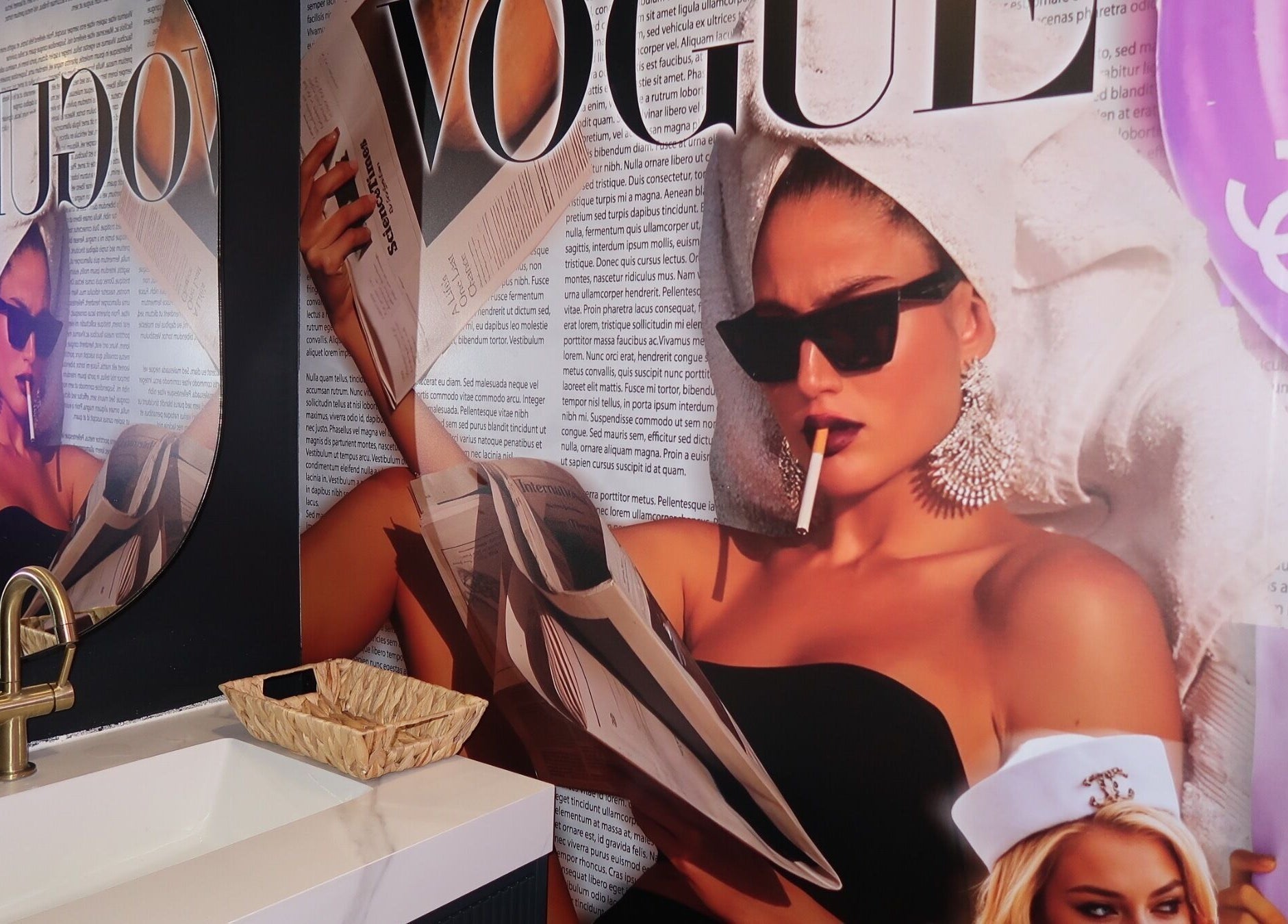 Stylish salon decor with Vogue mural at Maison Belissy Beauty Salon x Nail Salon, Toronto, Ontario, CA.