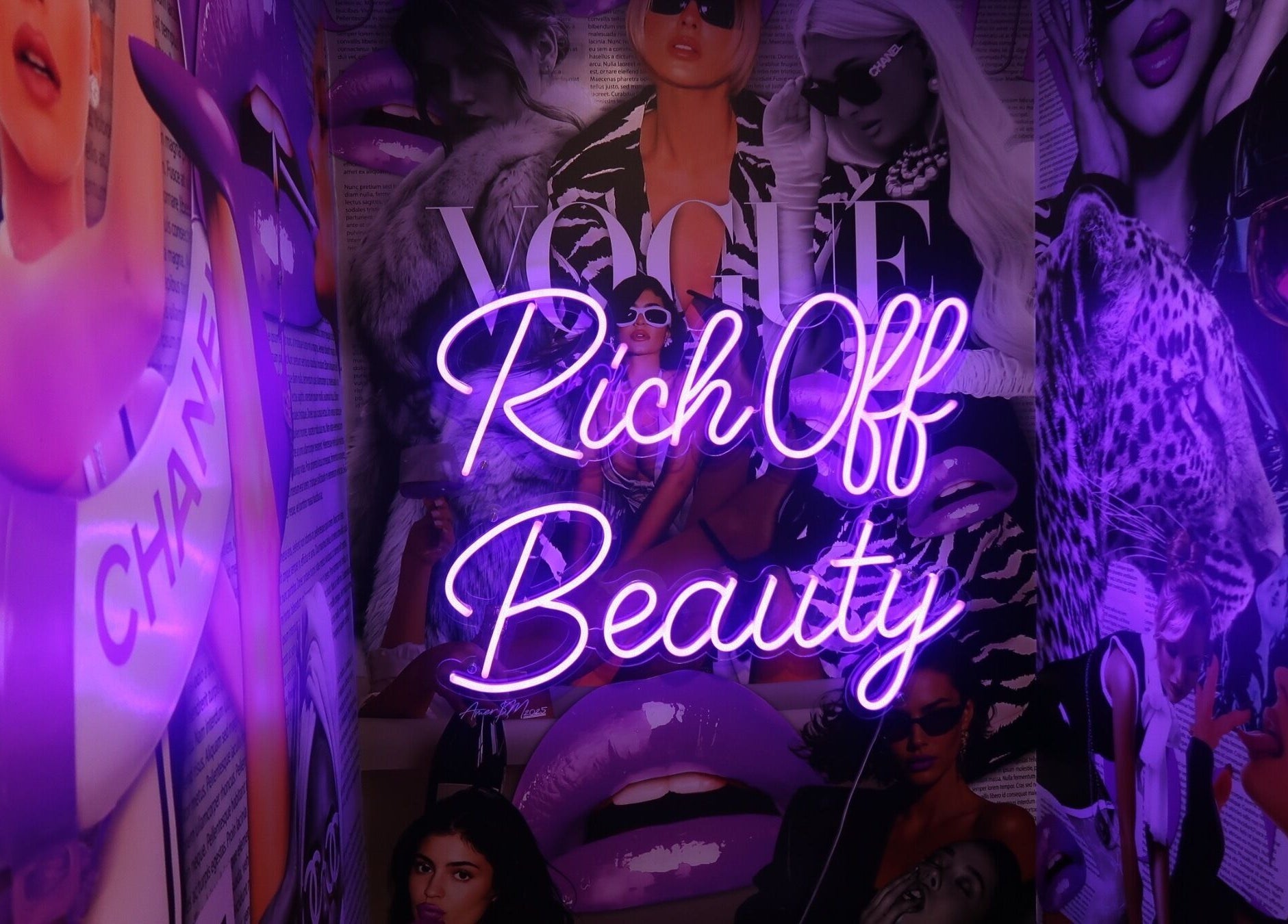 Neon 'Rich Off Beauty' sign at Maison Belissy Beauty Salon x Nail Salon, Toronto, Ontario, CA.