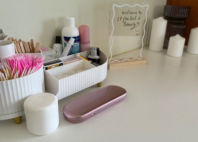 Beauty essentials setup at LF Pro Lash & Beauty, Koongal, Queensland, AU showcasing beauty tools and products.